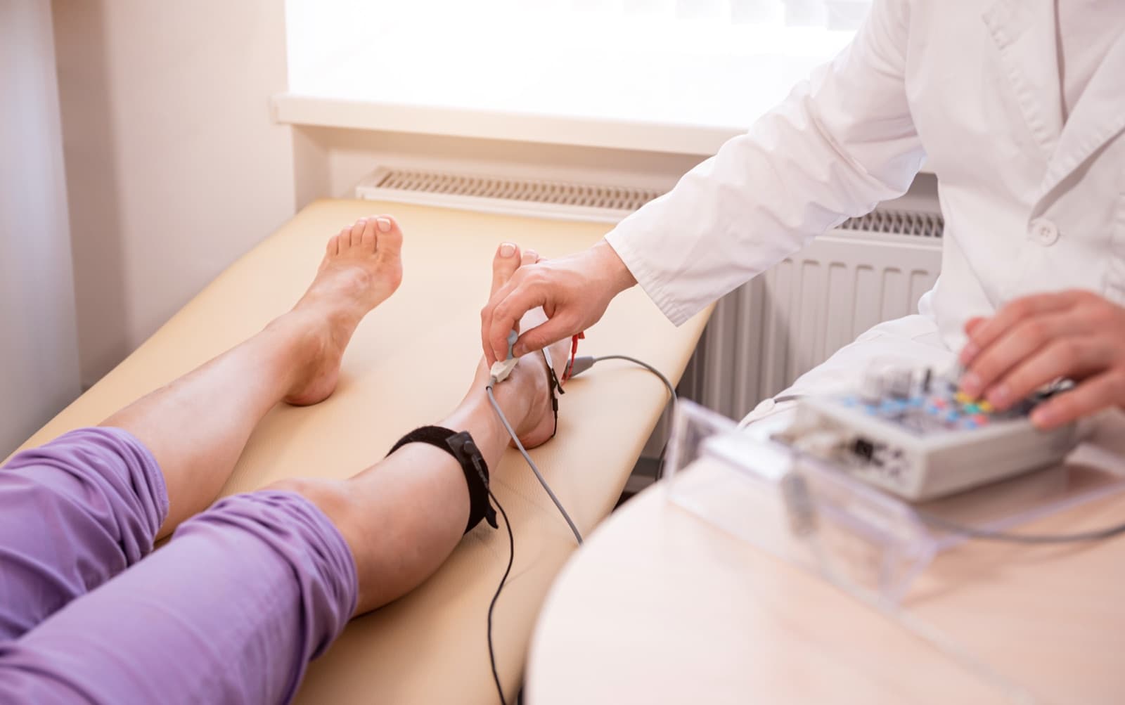 Nerve stimulation therapy applied to a patient's foot in a clean clinical setting